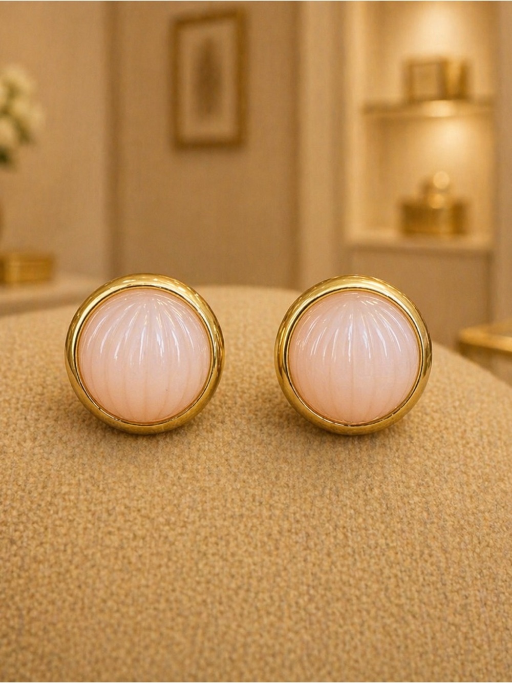 Vintage TRIFARI Gold Tone Faux Pink Pearl Stud Round Circle Earrings